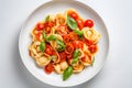 Plate with tortellini pasta, tomatoes and basil Royalty Free Stock Photo