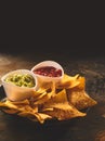 Plate of tortilla chips, guacamole and salsa dip Royalty Free Stock Photo