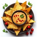 A plate of tortilla chips and queso sauce, isolated on a transparent background Royalty Free Stock Photo