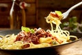 Plate of traditional Italian spaghetti Bolognaise