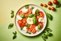 Plate with traditional mozzarella cheese with tomatoes and basil dish