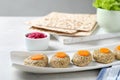 Plate of traditional Passover Pesach gefilte fish