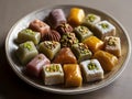 Plate of traditional Turkish sweets contains Turkish delight and baklava