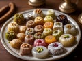 Plate of traditional Turkish sweets contains Turkish delight and baklava