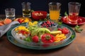 plate of tropical fruits and variety of infused waters