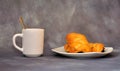 A plate with two puff pastries with poppy seeds and a cup of hot coffee on a gray abstract background