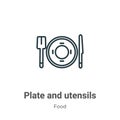 Plate and utensils outline vector icon. Thin line black plate and utensils icon, flat vector simple element illustration from Royalty Free Stock Photo