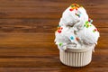 Plate of vanilla ice cream scoop swith sprinkles on wooden background with copy space Royalty Free Stock Photo