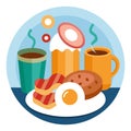 A plate of various breakfast foods accompanied by a cup of coffee. This image can be used to showcas