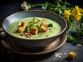 plate of vegan spinach, leek, courgette and coconut milk soup with spicy croutons