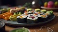 A plate of vegan sushi rolls with a variety of colorful v generative AI