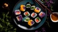 A plate of vegan sushi rolls with a variety of colorful v one generative AI