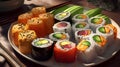 A plate of vegan sushi rolls with a variety of colorful v three generative AI