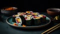A plate of vegan sushi rolls with a variety of colorful v two generative AI