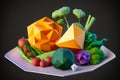 Plate with vegetables made of paper in origami technique, dark background. Generative AI