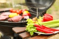 Plate with vegetables near barbecue grill outdoors