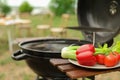 Plate with vegetables near barbecue grill outdoors