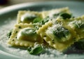 Plate with vegetarian ravioli pasta with spinach on table.Macro.AI Generative