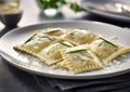 Plate with vegetarian ravioli pasta with spinach on table.Macro.AI Generative