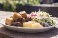 a plate of vigoron with boiled yuca chicharron Royalty Free Stock Photo
