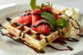 a plate of waffles with strawberries and chocolate syrup Royalty Free Stock Photo