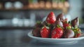 A plate of a white bowl filled with chocolate covered strawberries, AI Royalty Free Stock Photo