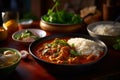 A plate of white rice and Rogan Josh Indian lamb curry Generative AI Royalty Free Stock Photo