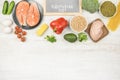 A plate with the words Flexitarian diets, around half-eaten foods. On a light background, vegetables, eggs, salmon and Royalty Free Stock Photo