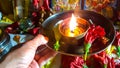 A Plate Of Worship Caught In Hand. Diwali Or Deepawali Puja.