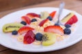 Plate with yogurt, cereals, strawberries, blueberries and kiwi - cloesup