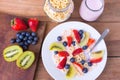 Plate with yogurt, cereals, strawberries, blueberries and kiwi - top