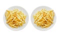 Plate with yummy french fries on white background