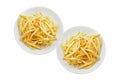 Plate with yummy french fries on white background