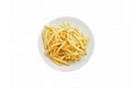 Plate with yummy french fries on white background