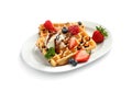 Plate with yummy waffles, berries and ice cream on white Royalty Free Stock Photo