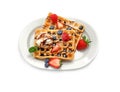 Plate with yummy waffles, berries and ice cream on white background Royalty Free Stock Photo