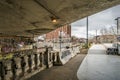 Skate park under Van Horn overpass and wharehouse in the background in Montreal