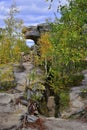 A plateau of sandstone megaliths and an outlier rock Big Turtle in the town of Kamenny Gorod Middle Urals