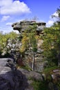 A plateau of sandstone megaliths and an outlier rock Big Turtle in the town of Kamenny Gorod Middle Urals