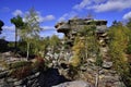 A plateau of sandstone megaliths and an outlier rock Big Turtle in the town of Kamenny Gorod Middle Urals