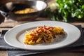 Plated Italian spaghetti carbonara with ham on top Royalty Free Stock Photo