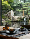 A plated Japanese Kaiseki meal served in a minimalist restaurant with a tranquil Zen garden view
