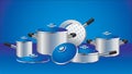 Plated pans with blue lids