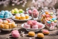 Plated sweets and macrons in jar and bowl Generative AI