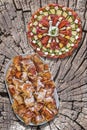 Plateful Of Delicious Freshly Spit Roasted Pork Meat Slices Set On Old Bamboo Mat Rustic Background