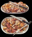 Plateful of Fresh Spit Roasted Pork Meat Slices with Serving Knives and Forks in Oval Porcelain Trays Isolated on Black Background Royalty Free Stock Photo