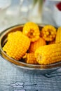 Plateful of fresh sweet organic corn steamed ready to eat. Prepared cooked sweet corn on the table