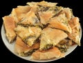 Plateful Of Freshly Oven Baked Serbian Traditional Cheese Spinach Pie Zeljanica Slices Isolated On Black Background Royalty Free Stock Photo