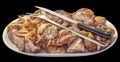 Plateful of Fresh Spit Roasted Pork Meat Slices with Serving Knife and Fork on Oval Porcelain Tray  on Black Background Royalty Free Stock Photo