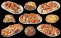 Plateful of Tender Spit Roasted Pork Meat Slices with Pita Leavened Flatbread and Brown Bread Loaves Isolated on Black Background Royalty Free Stock Photo